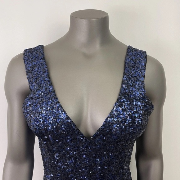 Dress the Population Dress Womens L Blue Sequin Mini Plunge Neckline Sleeveless - Picture 4 of 9